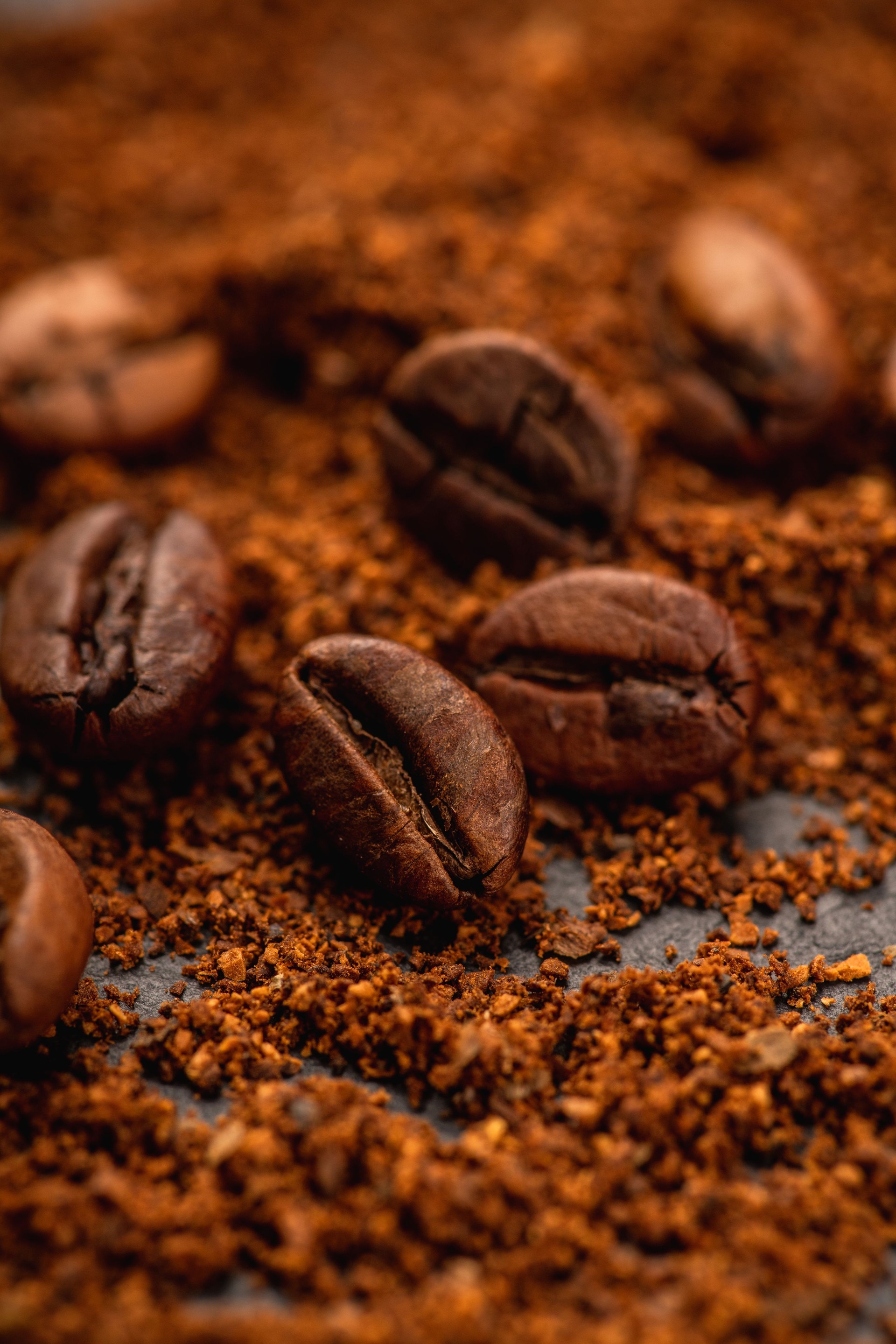 Roasted coffee beans and ground coffee. Macro shot. Coffee theme.